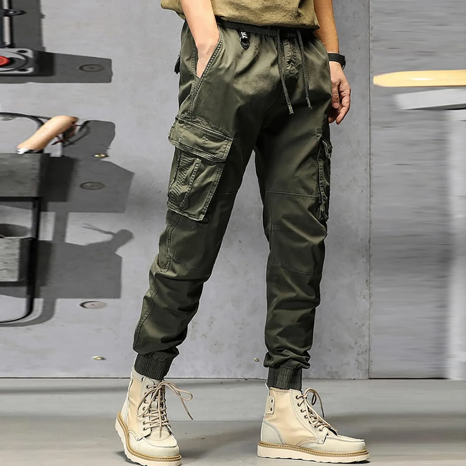 Cargo Pants for Men Big and Tall, Men's Elastic Waist Drawstring Long Pants Solid Color Pockets Casual Loose Trousers