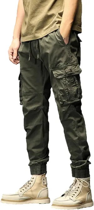 Cargo Pants for Men Big and Tall, Men's Elastic Waist Drawstring Long Pants Solid Color Pockets Casual Loose Trousers