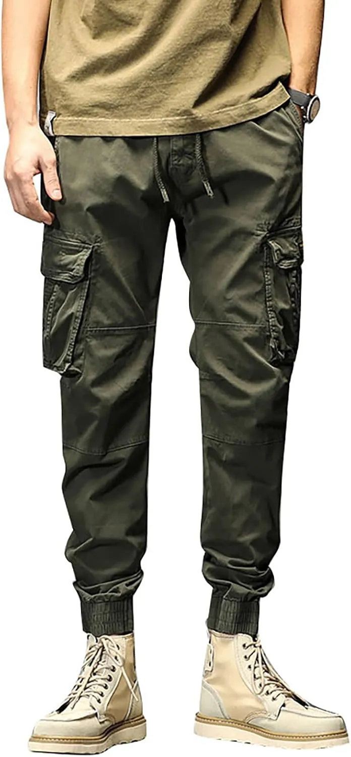 Cargo Pants for Men Big and Tall, Men's Elastic Waist Drawstring Long Pants Solid Color Pockets Casual Loose Trousers