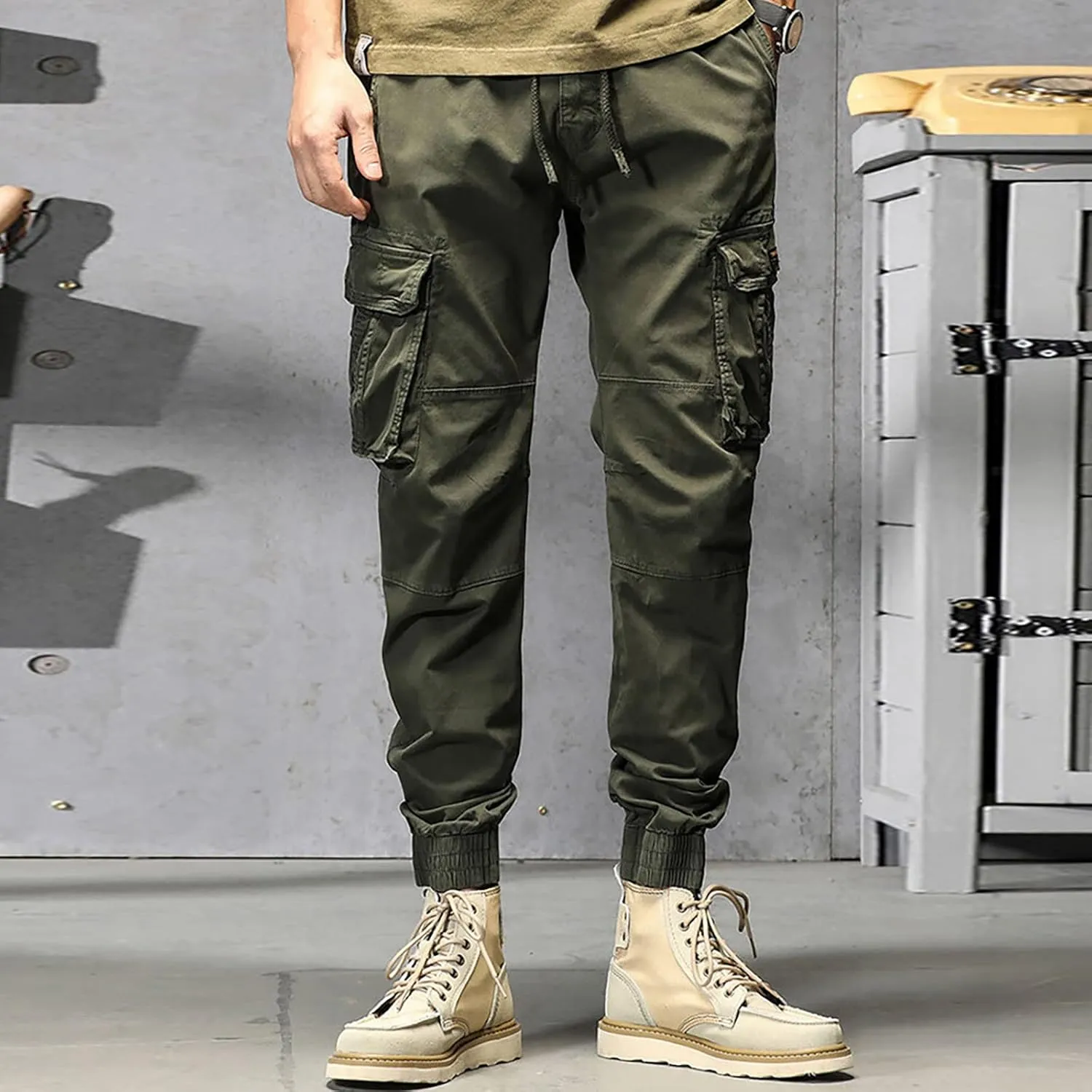 Cargo Pants for Men Big and Tall, Men's Elastic Waist Drawstring Long Pants Solid Color Pockets Casual Loose Trousers