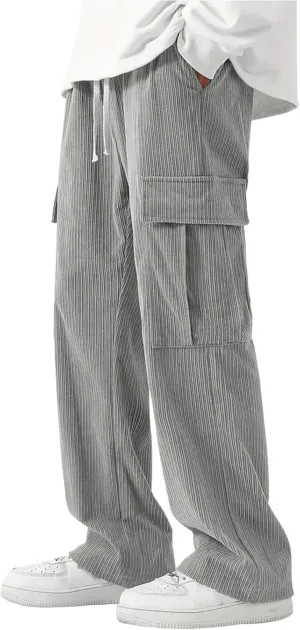 Cargo Pants for Men Corduroy Straight Wide Leg Casual Lightweight Breathable Loose Fit Trendy Soild Trousers Outdoor