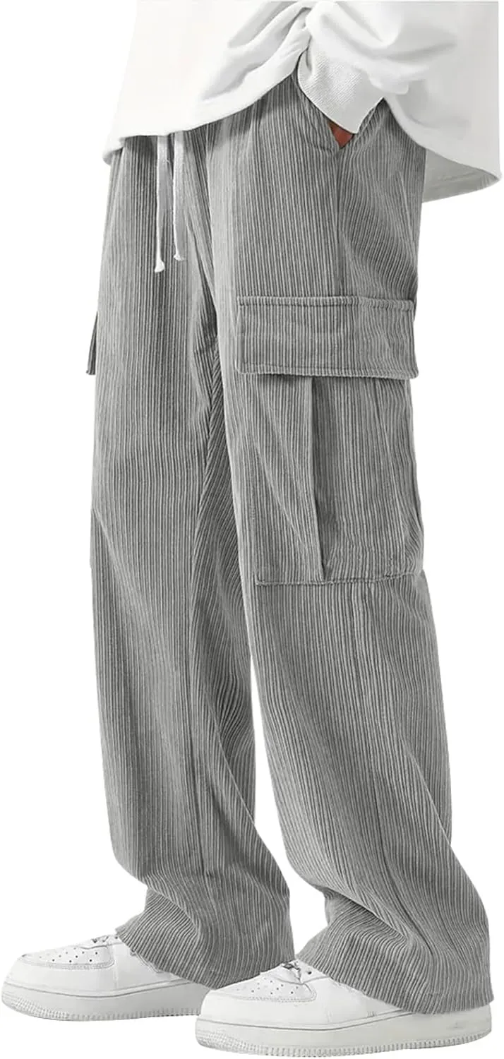 Cargo Pants for Men Corduroy Straight Wide Leg Casual Lightweight Breathable Loose Fit Trendy Soild Trousers Outdoor