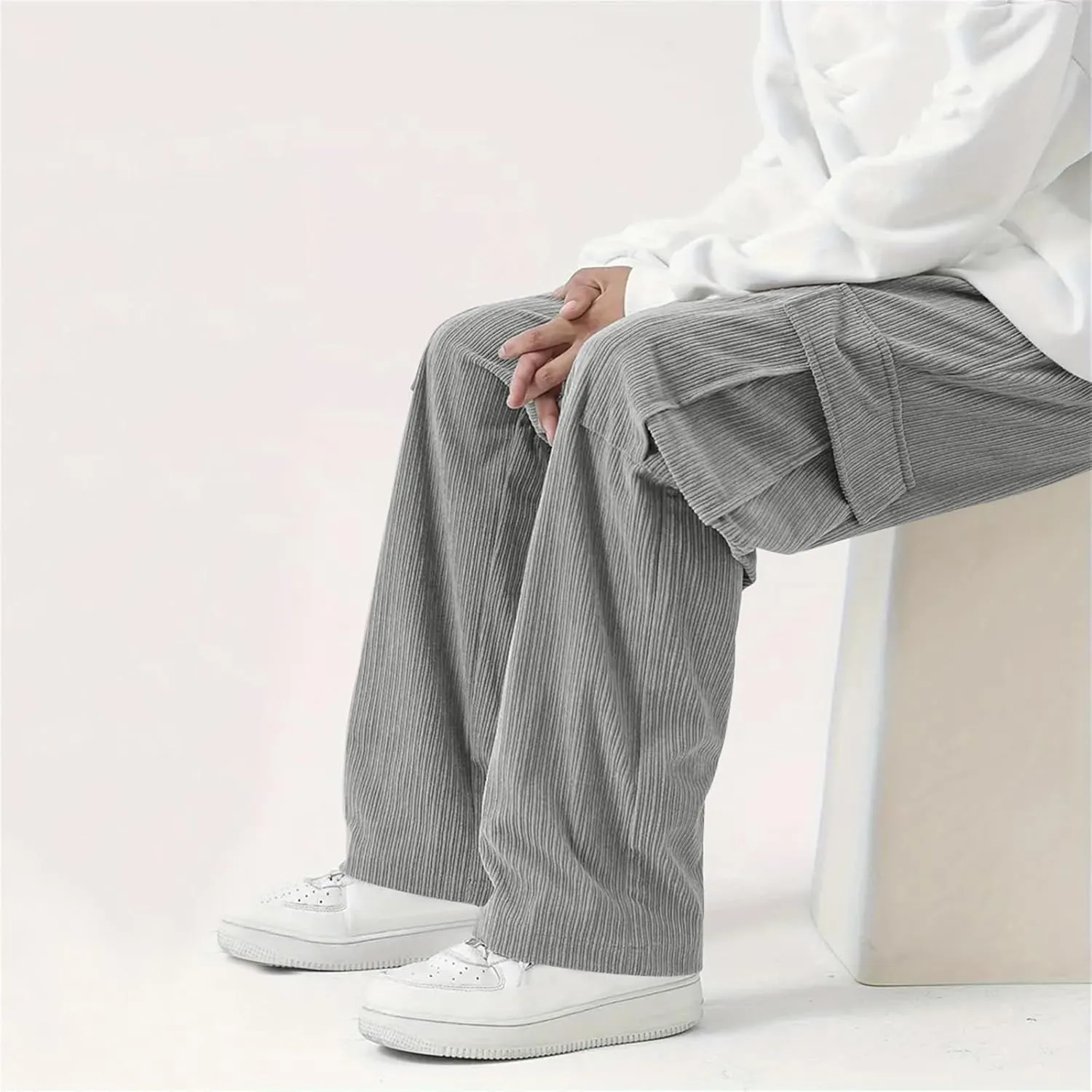 Cargo Pants for Men Corduroy Straight Wide Leg Casual Lightweight Breathable Loose Fit Trendy Soild Trousers Outdoor