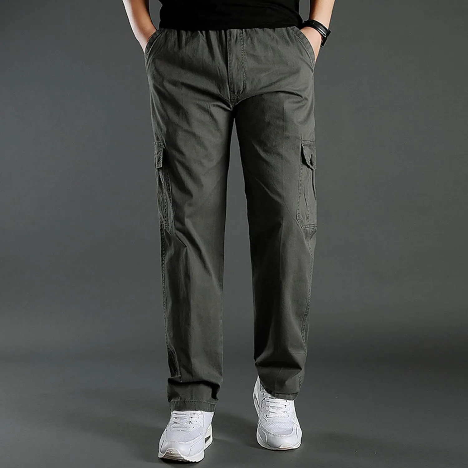 Cargo Pants for Men,Men's Cotton Linen Pants Elastic Lightweight Drawstring Waist Pants Fall Cargo Pants with Pockets