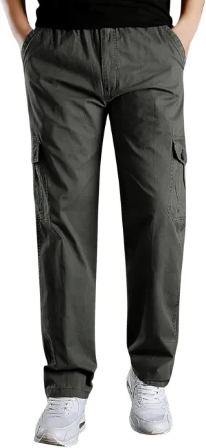 Cargo Pants for Men,Men's Cotton Linen Pants Elastic Lightweight Drawstring Waist Pants Fall Cargo Pants with Pockets