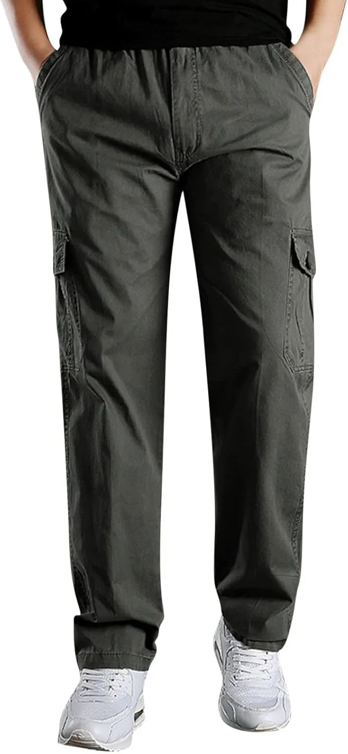 Cargo Pants for Men,Men's Cotton Linen Pants Elastic Lightweight Drawstring Waist Pants Fall Cargo Pants with Pockets