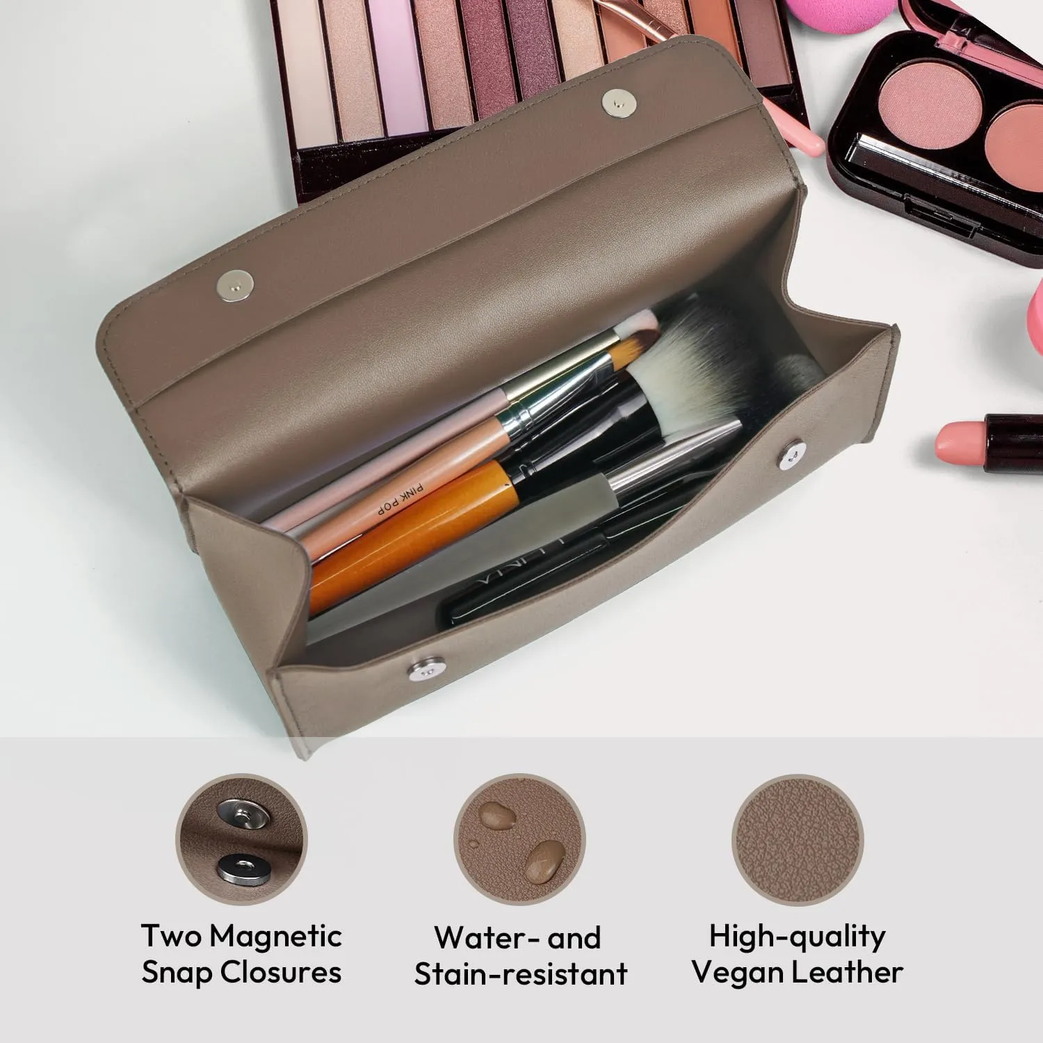 carrotez Stylish PU Leather Makeup Bag: Versatile Travel Toiletry Bag & Cosmetic Pouch, Small Makeup Organizer for Purse Essentials, Ideal Makeup Brush Holder & Sunglasses Case for Women - Cocoa Brown