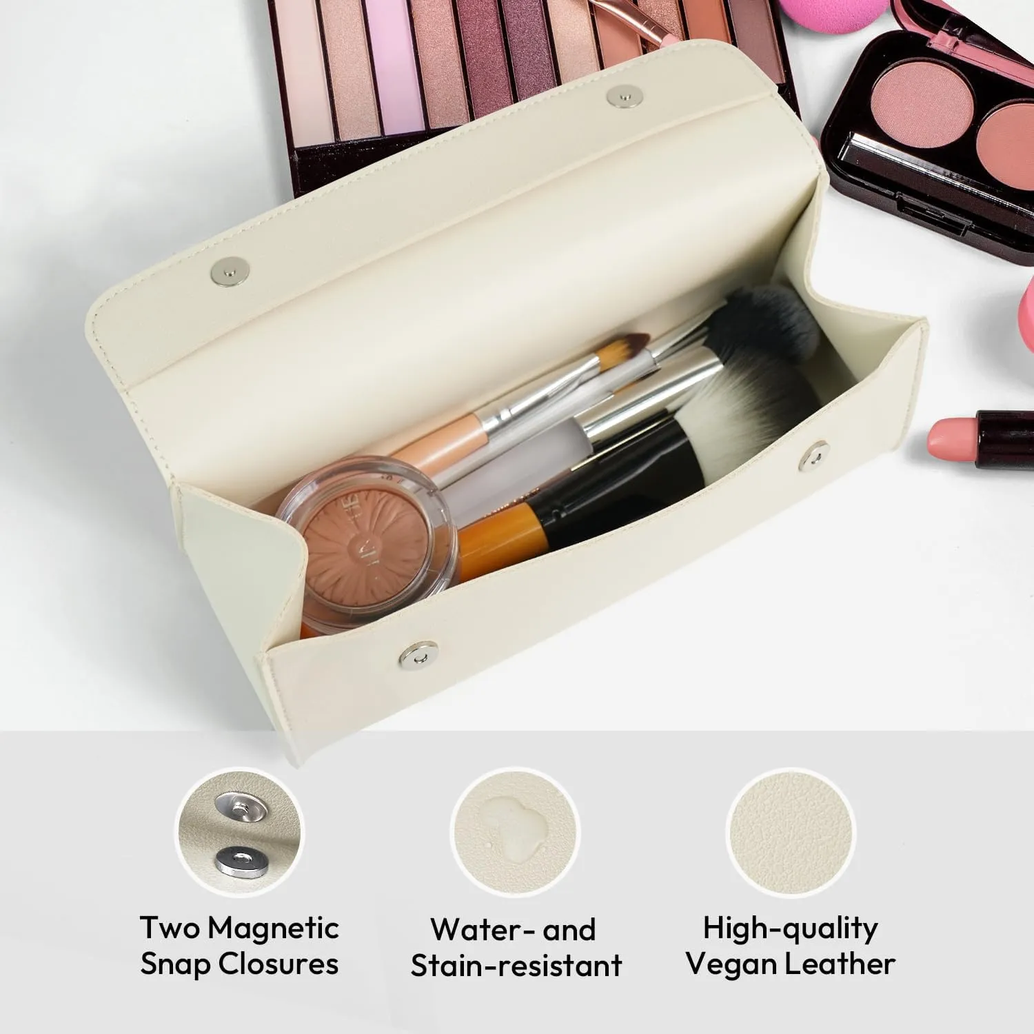 carrotez Stylish PU Leather Makeup Bag: Versatile Travel Toiletry Bag & Cosmetic Pouch, Small Makeup Organizer for Purse Essentials - Ideal Makeup Brush Holder & Sunglasses Case for Women - Cream