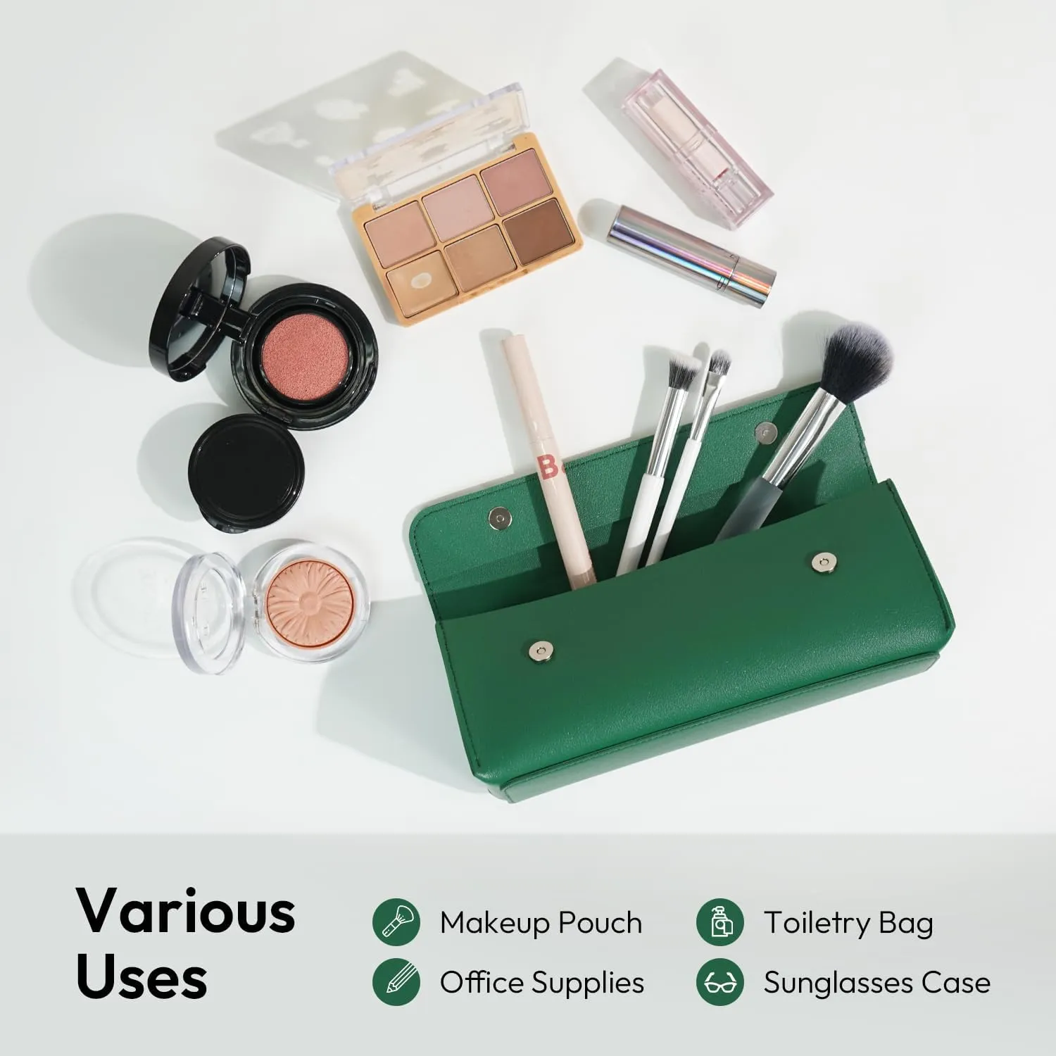 carrotez Stylish PU Leather Makeup Bag: Versatile Travel Toiletry Bag & Cosmetic Pouch, Small Makeup Organizer for Purse Essentials - Ideal Makeup Brush Holder & Sunglasses Case for Women - Green