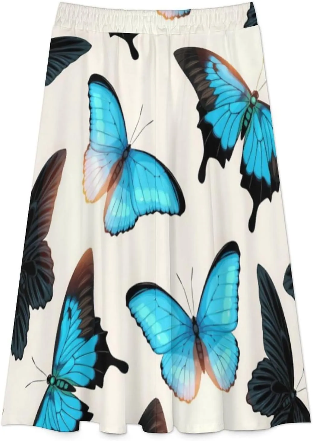 Casual Graceful Butterflies Print Midi Skirt High Elastic Waist Ruched Flowy Summer Skirt