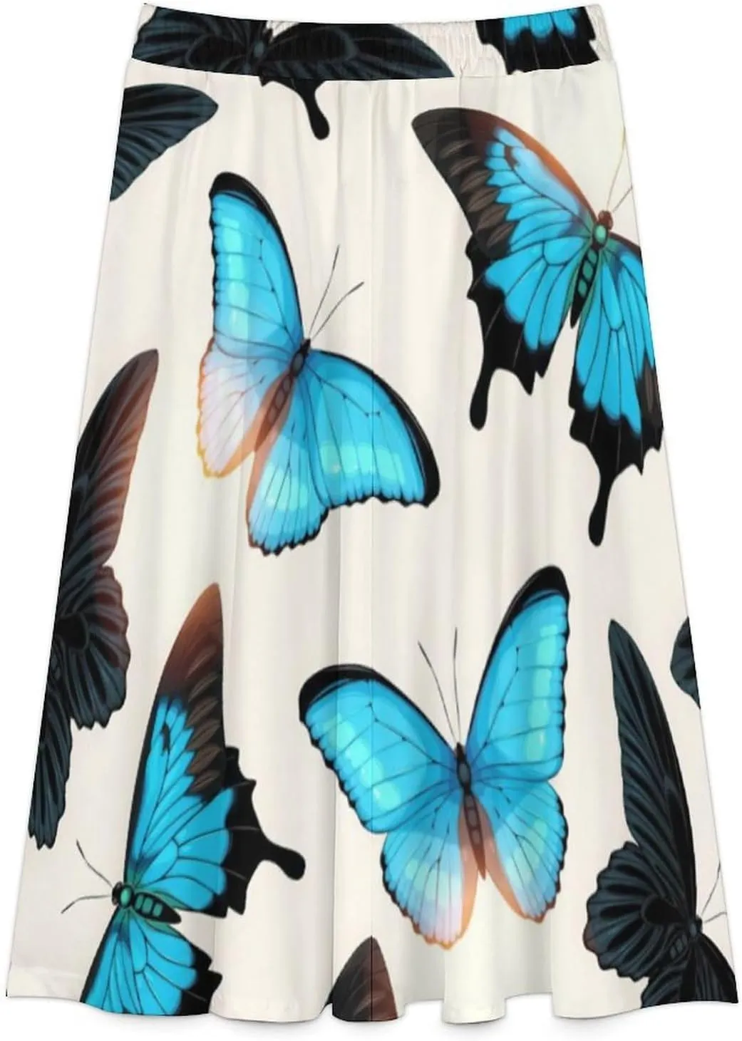 Casual Graceful Butterflies Print Midi Skirt High Elastic Waist Ruched Flowy Summer Skirt