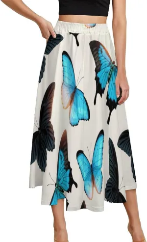 Casual Graceful Butterflies Print Midi Skirt High Elastic Waist Ruched Flowy Summer Skirt