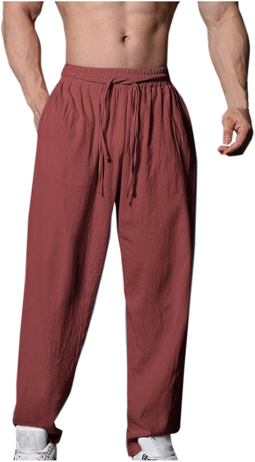 Casual Pants for Men Basic Drawstring Elastic Waist Trousers Fashion Lounge Summer Workout Lightweight Linen Clothes