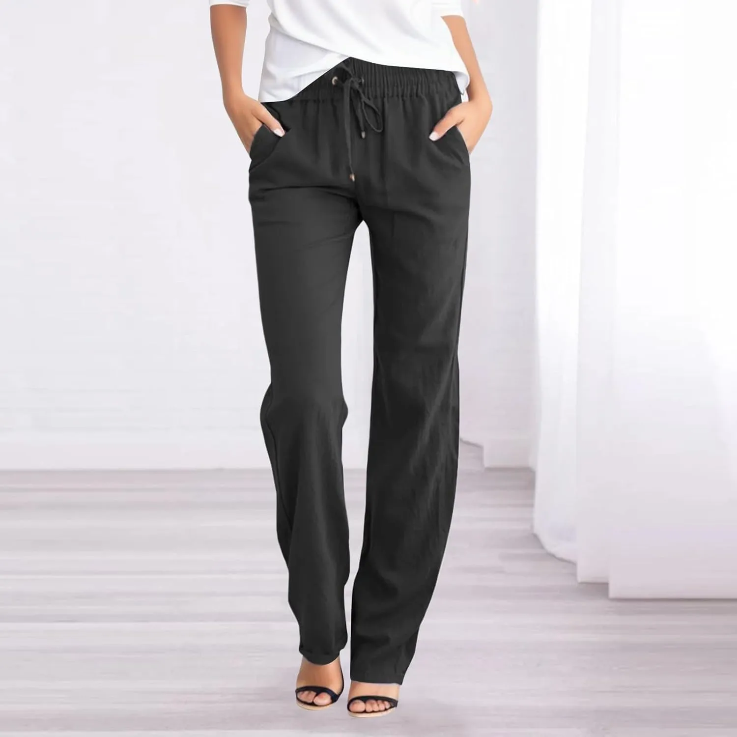 Casual Pants for Women Wide Leg Linen Pants Women Summer Beach Pants Drawstring High Waisted Palazzo Trousers Yoga Pants