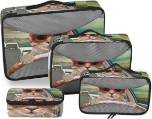 Cat With Sunglasses Driving A Car 4 PCs Set Packing Bags, Luggage Organizer Bag, Portable Cube Toiletry bag, Durable Travel Cosmetic Storage Bag for Men Women