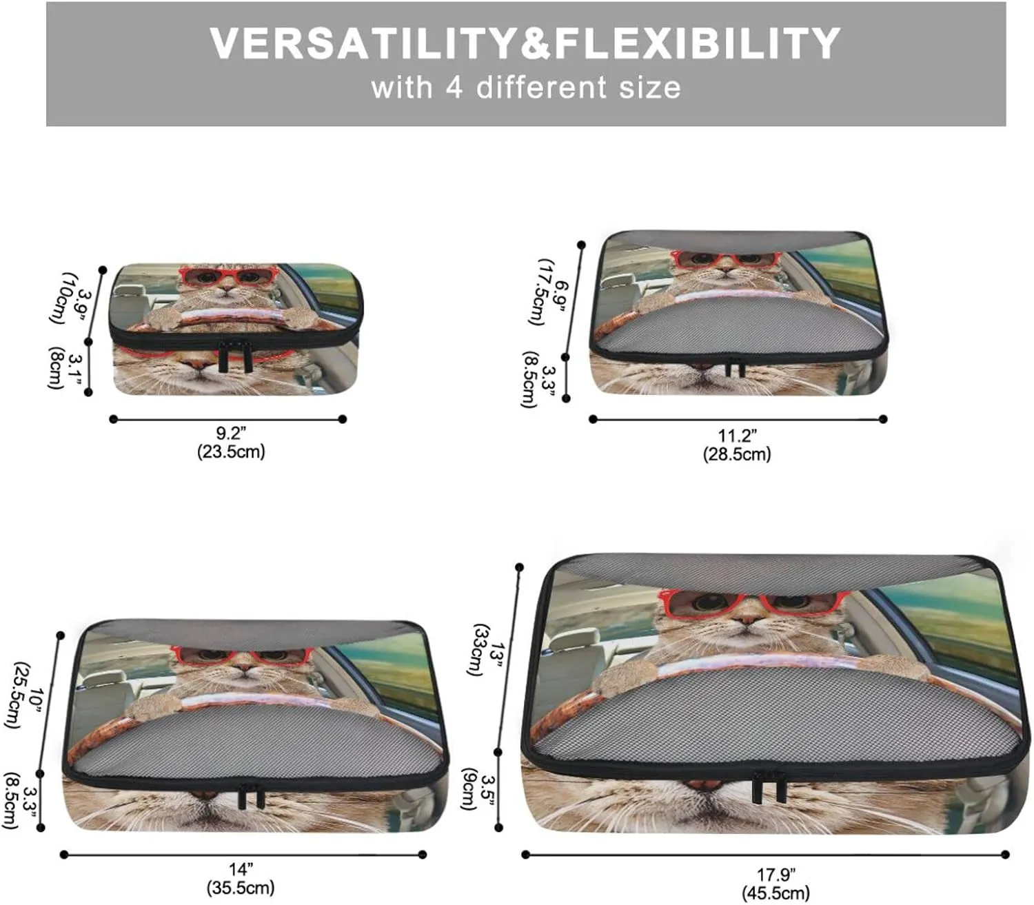 Cat With Sunglasses Driving A Car 4 PCs Set Packing Bags, Luggage Organizer Bag, Portable Cube Toiletry bag, Durable Travel Cosmetic Storage Bag for Men Women