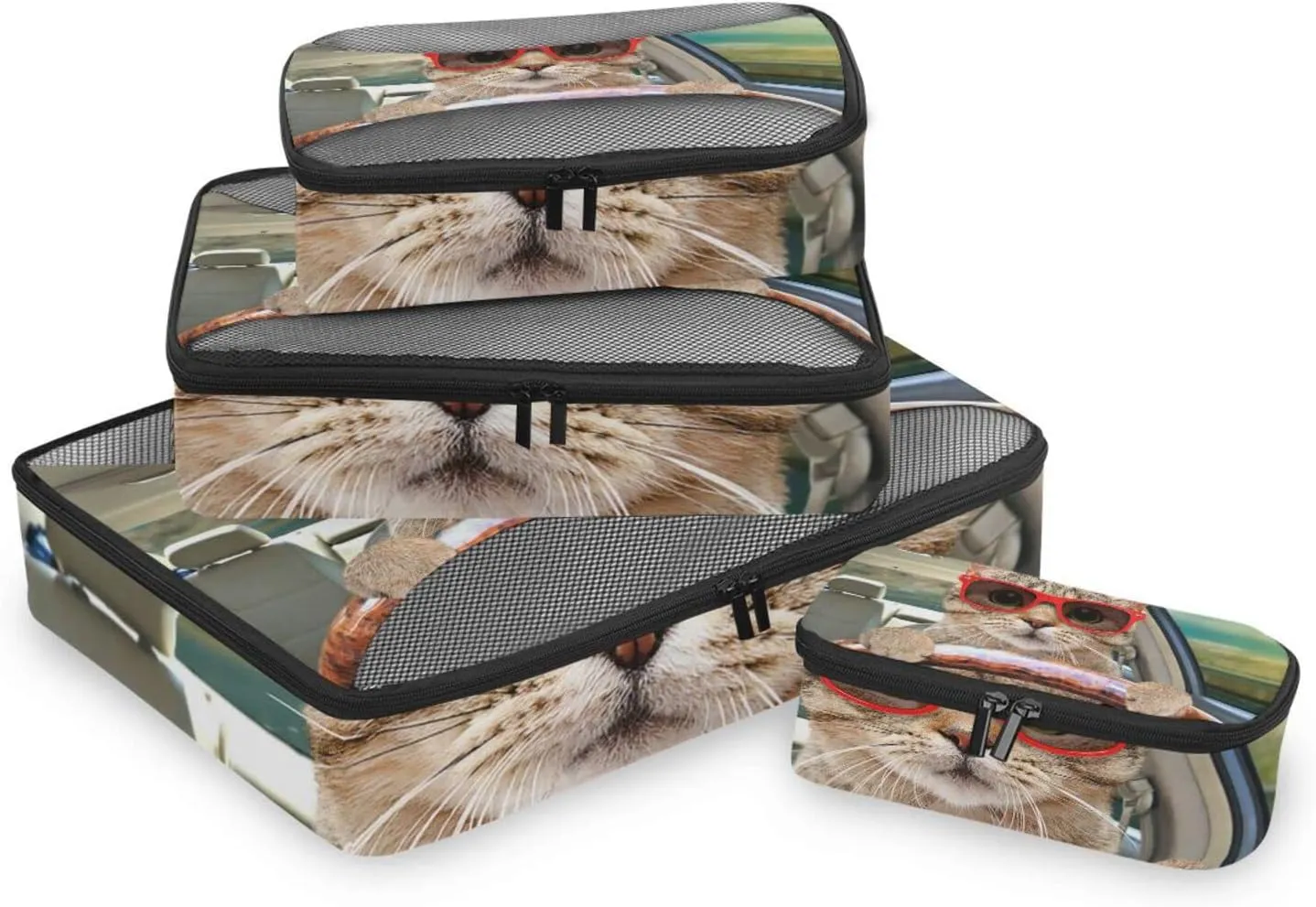 Cat With Sunglasses Driving A Car 4 PCs Set Packing Bags, Luggage Organizer Bag, Portable Cube Toiletry bag, Durable Travel Cosmetic Storage Bag for Men Women