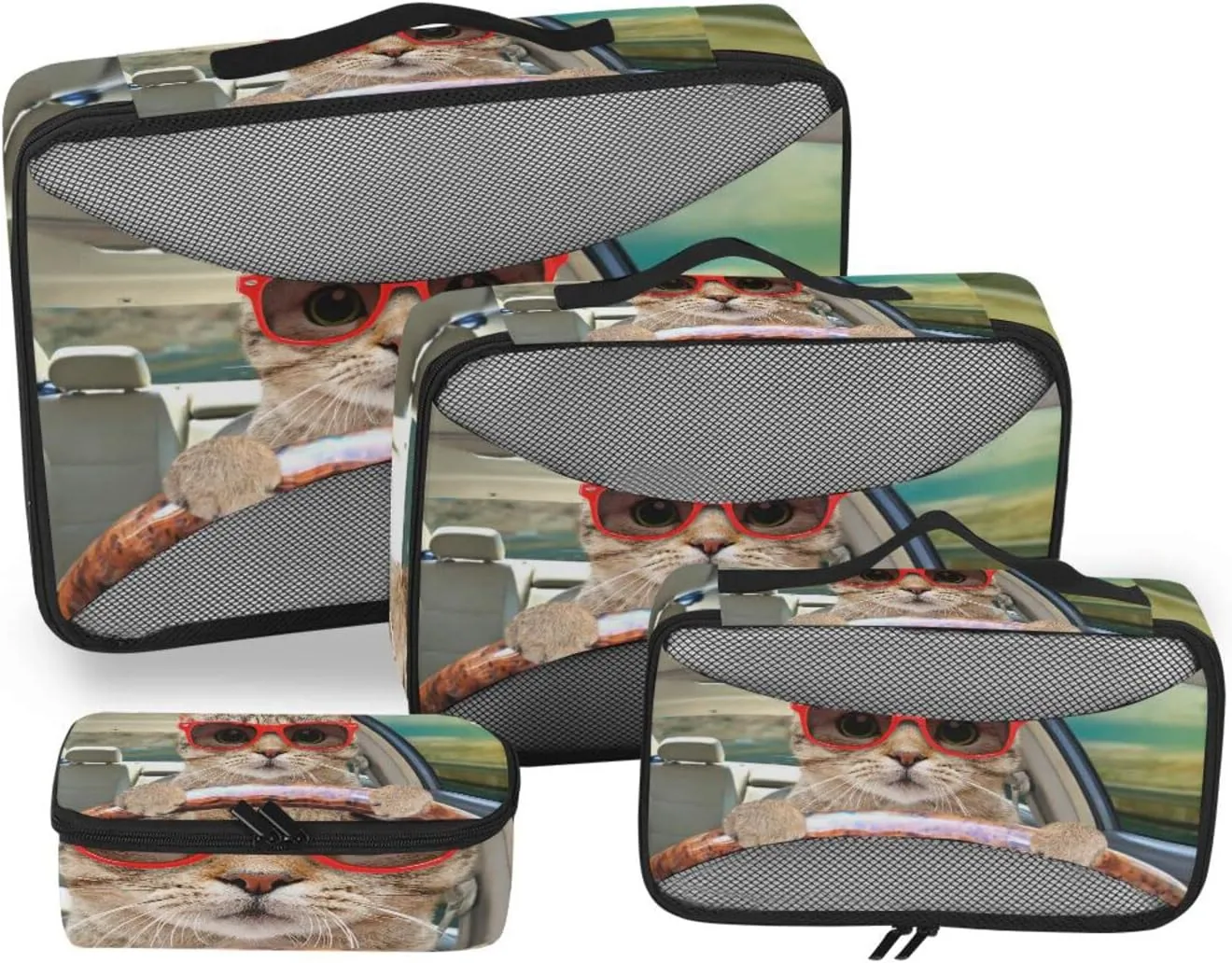Cat With Sunglasses Driving A Car 4 PCs Set Packing Bags, Luggage Organizer Bag, Portable Cube Toiletry bag, Durable Travel Cosmetic Storage Bag for Men Women