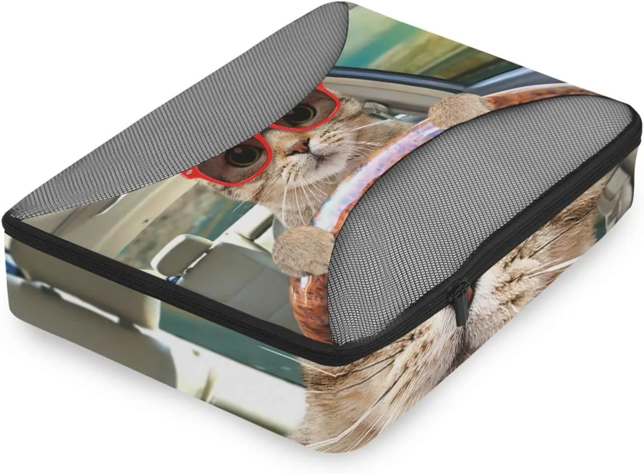Cat With Sunglasses Driving A Car 4 PCs Set Packing Bags, Luggage Organizer Bag, Portable Cube Toiletry bag, Durable Travel Cosmetic Storage Bag for Men Women