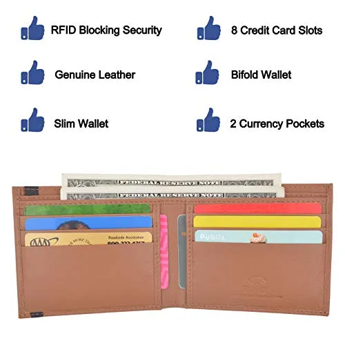 Cazoro Men’s Slimfold RFID Safe Slim Bifold Wallet Smooth Leather Front Pocket Tan
