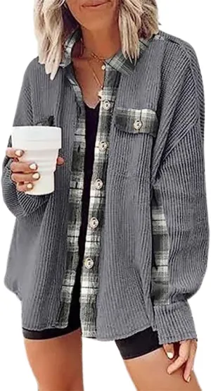 Ceboyel Women Plaid Oversized Jacket Waffle Knit Shacket Tops Button Down Long Sleeve Shirt Casual Trendy Clothes 2023