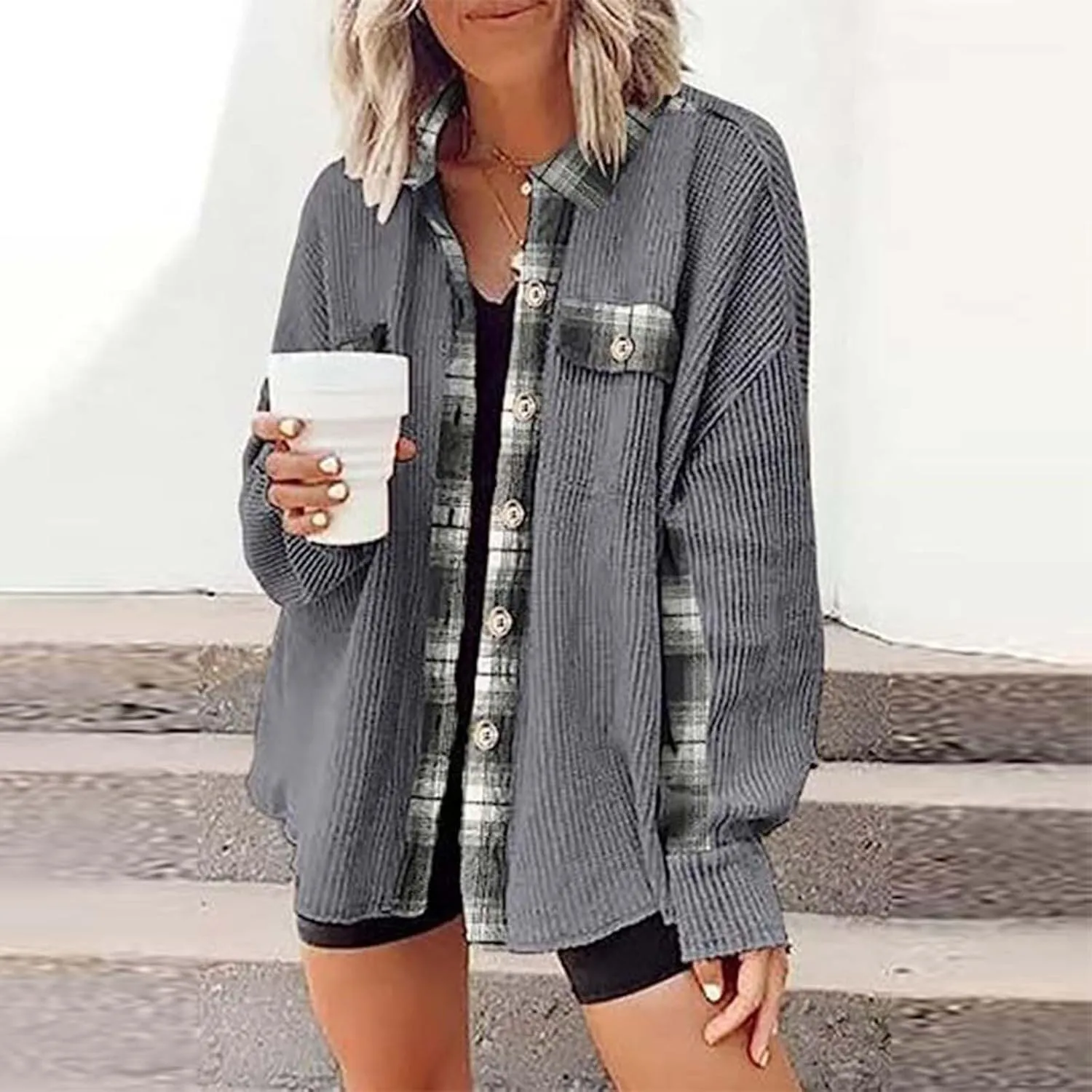 Ceboyel Women Plaid Oversized Jacket Waffle Knit Shacket Tops Button Down Long Sleeve Shirt Casual Trendy Clothes 2023