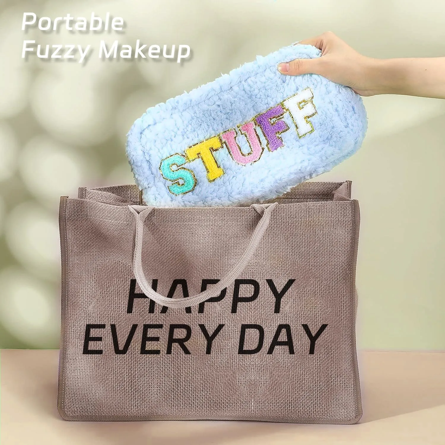 Chenille Lettlers Makeup Bag,Plush Preppy Travel Bag for women, Small Cute Grils Treddy Stuff Skin Care Bag with Large Toietries Storage Space for Teen Girl Purse