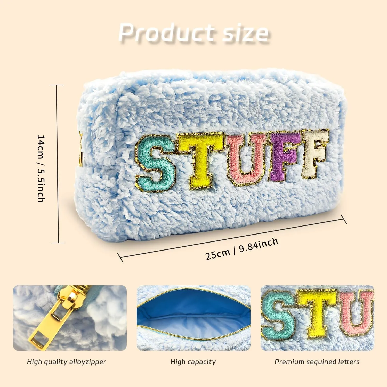 Chenille Lettlers Makeup Bag,Plush Preppy Travel Bag for women, Small Cute Grils Treddy Stuff Skin Care Bag with Large Toietries Storage Space for Teen Girl Purse