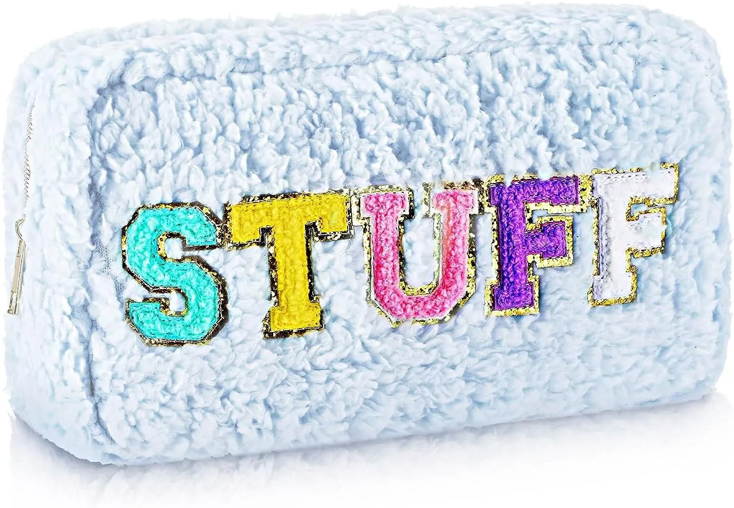 Chenille Lettlers Makeup Bag,Plush Preppy Travel Bag for women, Small Cute Grils Treddy Stuff Skin Care Bag with Large Toietries Storage Space for Teen Girl Purse