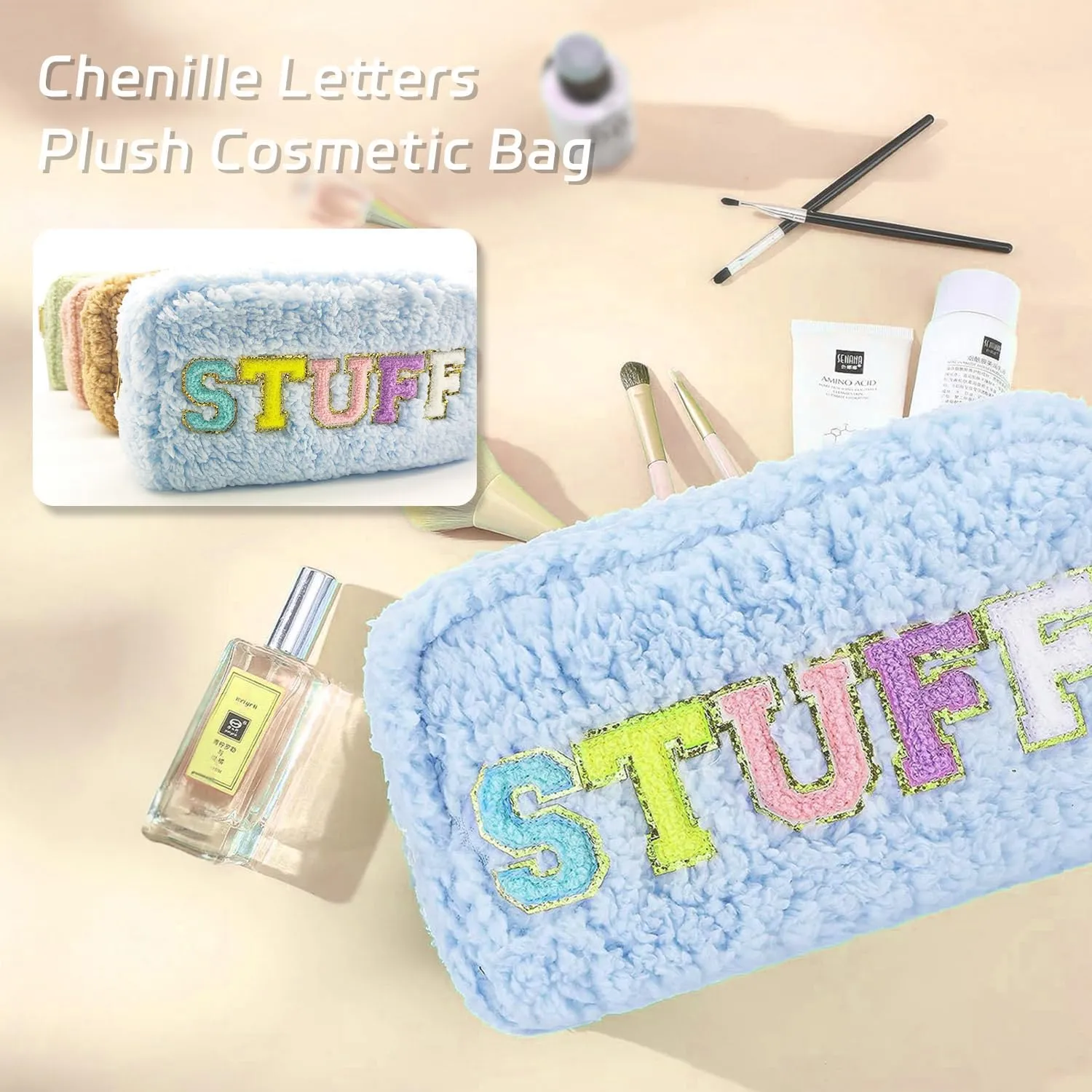 Chenille Lettlers Makeup Bag,Plush Preppy Travel Bag for women, Small Cute Grils Treddy Stuff Skin Care Bag with Large Toietries Storage Space for Teen Girl Purse
