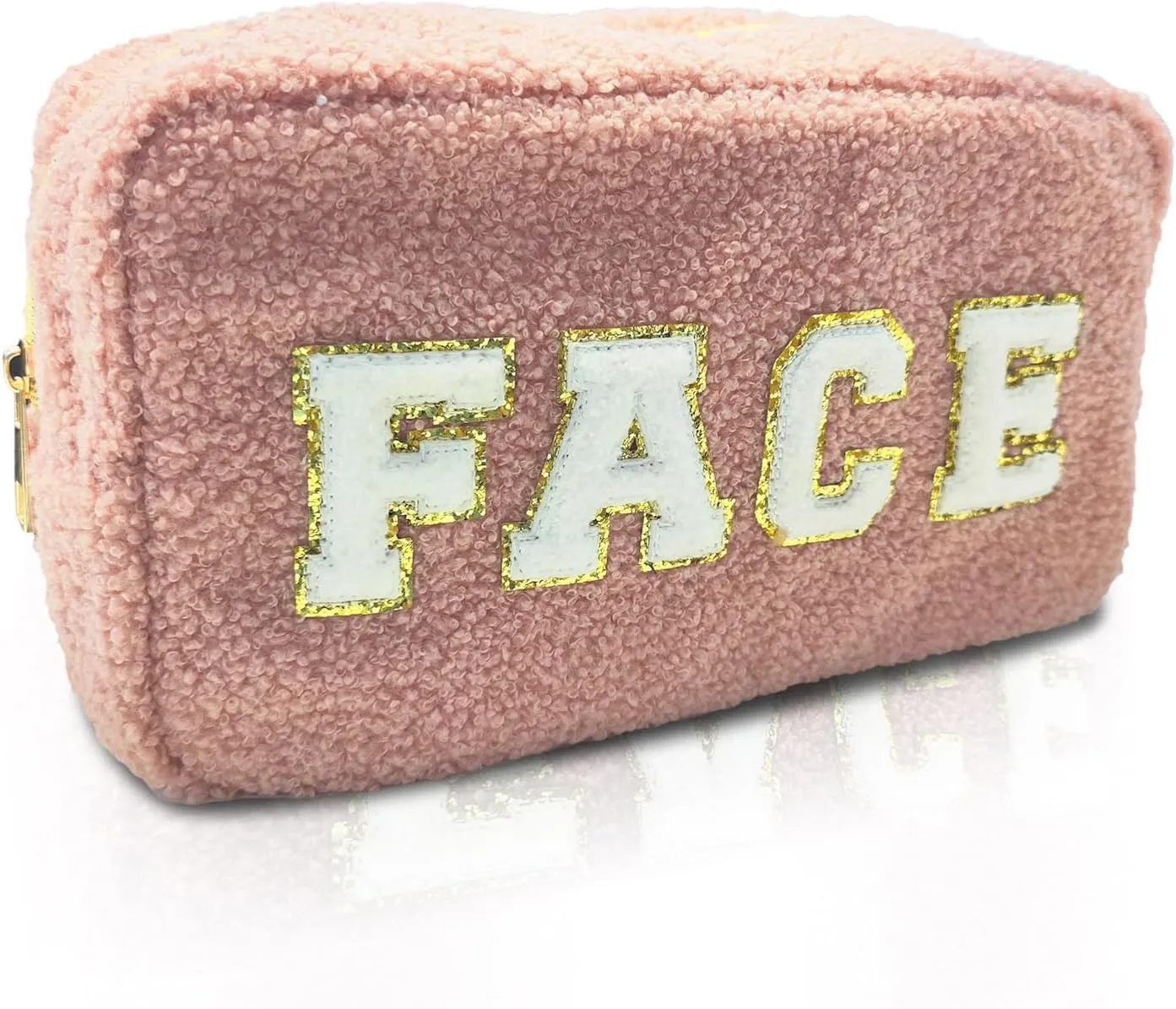Chenille Lettlers Plush Preppy Makeup Bag Travel Cosmetic Bag for women, Small Cute Grils Treddy Stuff Skin Care Bag with Large Toietries Storage Space for Teen Girl Purse