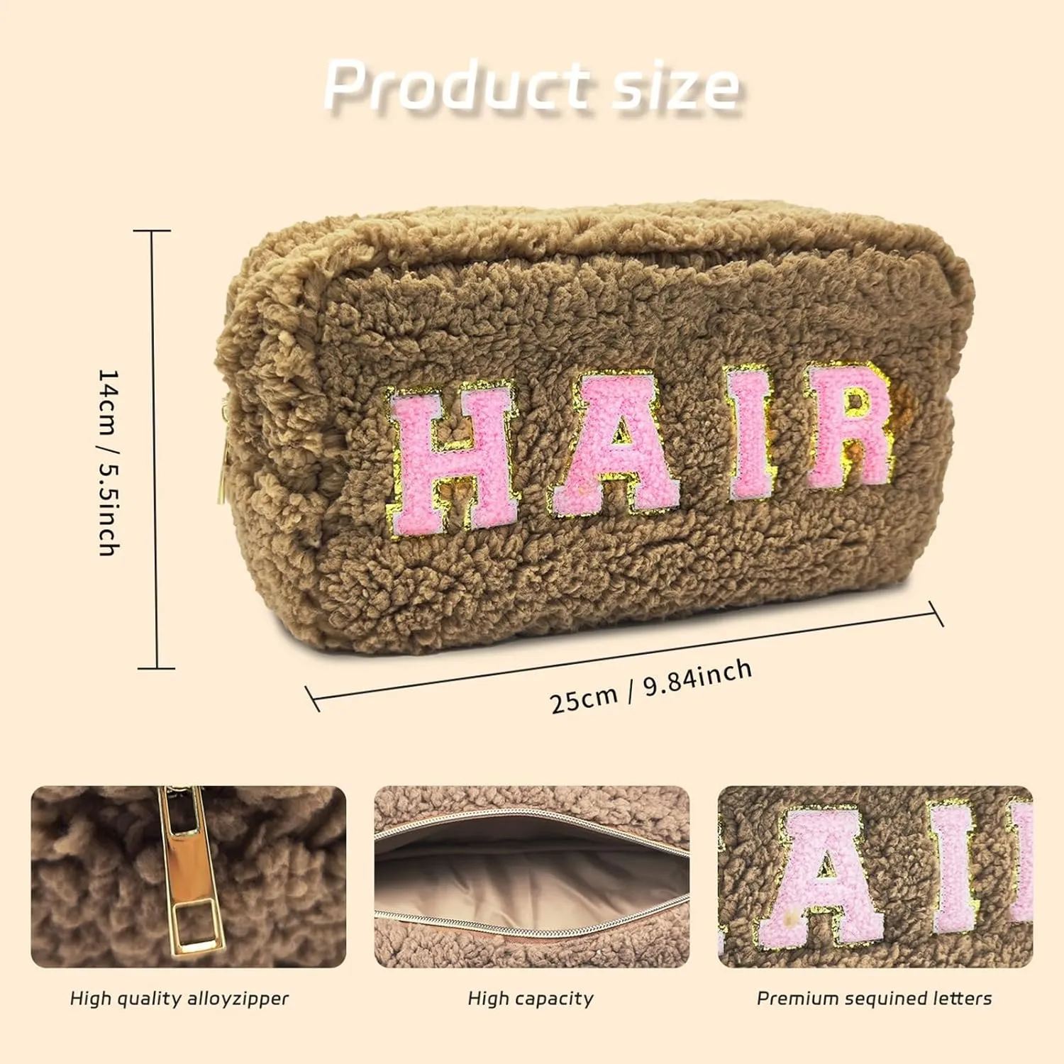 Chenille Lettlers Plush Preppy Makeup Bag Travel Cosmetic Bag for women, Small Cute Grils Treddy Stuff Skin Care Bag with Large Toietries Storage Space for Teen Girl Purse