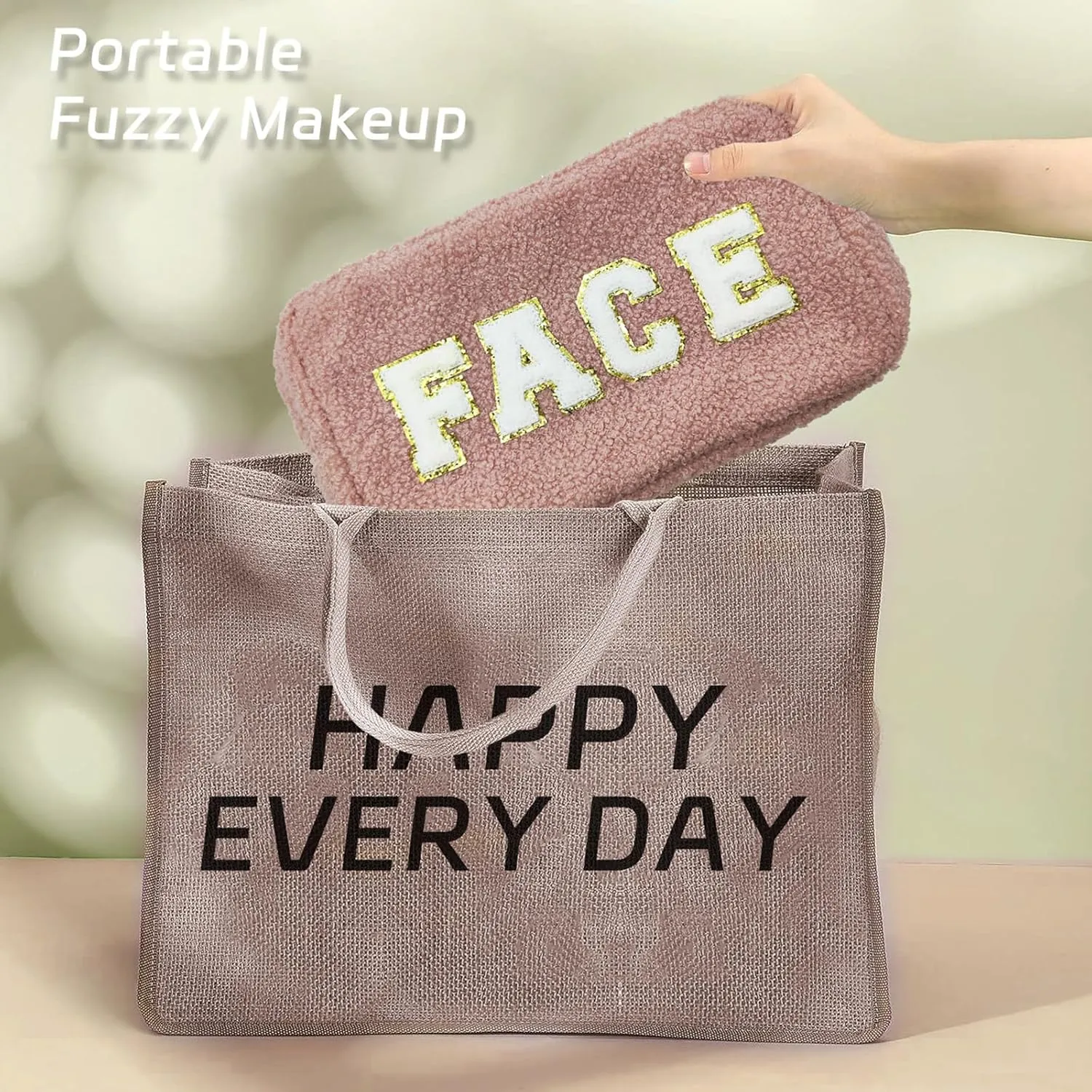 Chenille Lettlers Plush Preppy Makeup Bag Travel Cosmetic Bag for women, Small Cute Grils Treddy Stuff Skin Care Bag with Large Toietries Storage Space for Teen Girl Purse