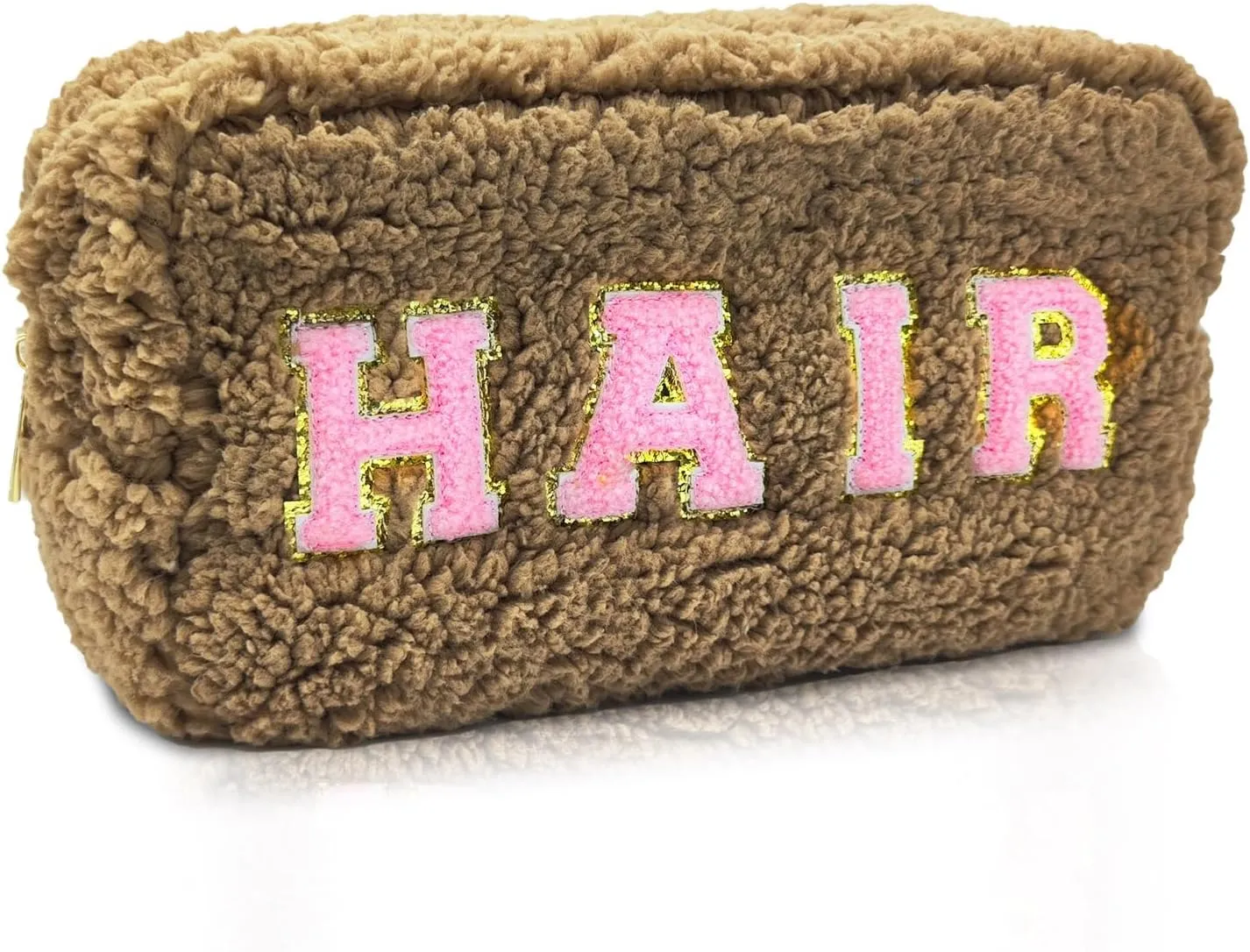 Chenille Lettlers Plush Preppy Makeup Bag Travel Cosmetic Bag for women, Small Cute Grils Treddy Stuff Skin Care Bag with Large Toietries Storage Space for Teen Girl Purse