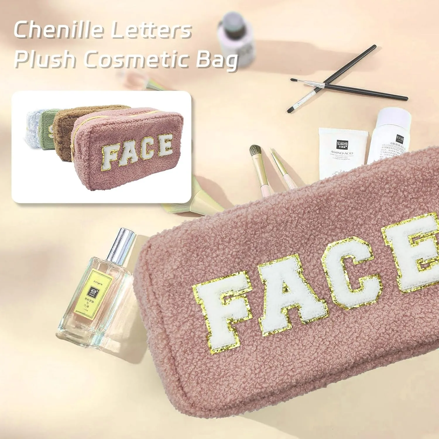 Chenille Lettlers Plush Preppy Makeup Bag Travel Cosmetic Bag for women, Small Cute Grils Treddy Stuff Skin Care Bag with Large Toietries Storage Space for Teen Girl Purse