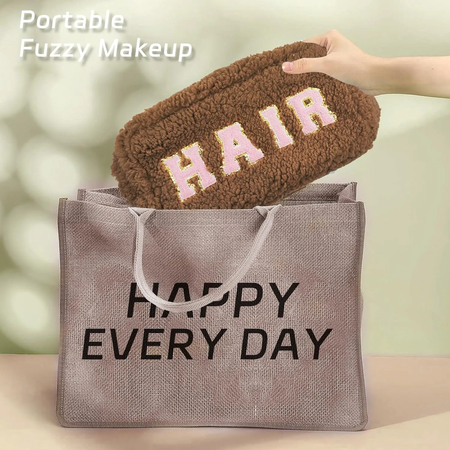 Chenille Lettlers Plush Preppy Makeup Bag Travel Cosmetic Bag for women, Small Cute Grils Treddy Stuff Skin Care Bag with Large Toietries Storage Space for Teen Girl Purse
