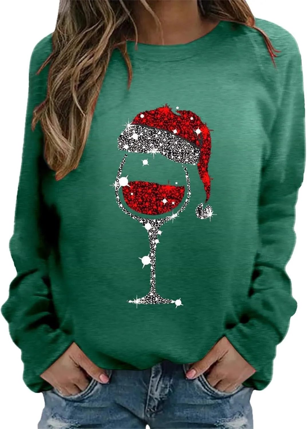 Christmas Sweatshirts for Women Oversized Graphic Pullover Long Sleeve Fleece Lined Shirt Winter Crewneck Sweatshirt