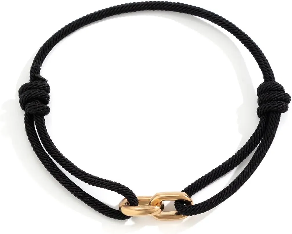 Chunky Gold Hiphop Bracelets for Women Men, Adjustable Black Rope Braided Bangles Twisted Knot Bracelets Minimalist Jewelry Accessories Gifts