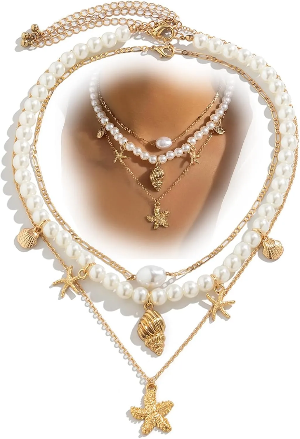 Chunky Gold Layered Pearl Starfish Statement Necklace Dainty Beach Pearls Beaded Seashell Choker Stacked Conch Sea Shell Necklaces Trendy Hawaiian Beachy Jewelry for Women
