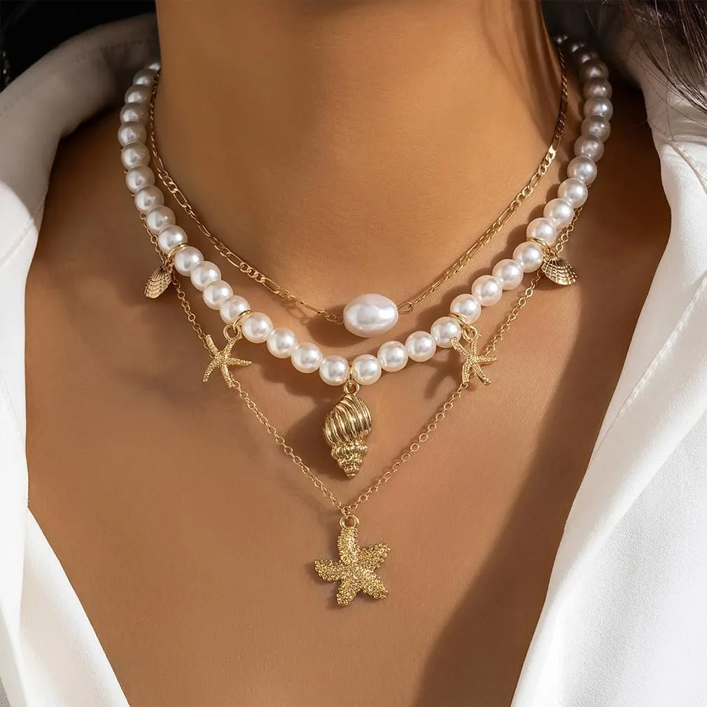 Chunky Gold Layered Pearl Starfish Statement Necklace Dainty Beach Pearls Beaded Seashell Choker Stacked Conch Sea Shell Necklaces Trendy Hawaiian Beachy Jewelry for Women
