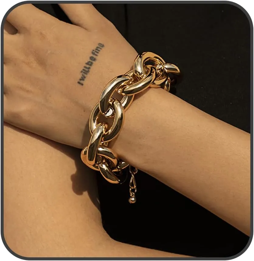Chunky Gold Link Chain Bracelets for Women Men Sparkle Large Paperclip Chains Bracelet Twisted Rope Bracelet Summer Surfer Waterproof Jewelry
