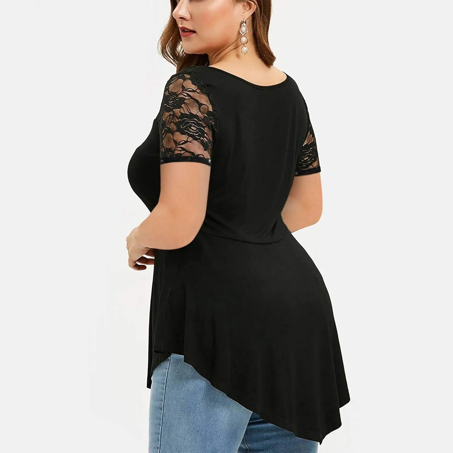 Chvity Womens Plus Size Tops O-Neck Asymmetric Short Sleeve Tunics Lace Blouse Shirts for Summer Casual S-5X