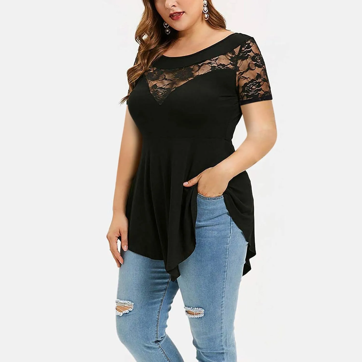 Chvity Womens Plus Size Tops O-Neck Asymmetric Short Sleeve Tunics Lace Blouse Shirts for Summer Casual S-5X