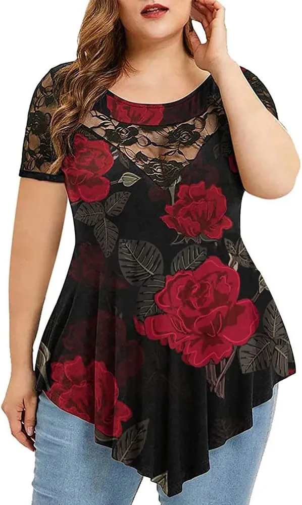 Chvity Womens Plus Size Tops O-Neck Asymmetric Short Sleeve Tunics Lace Blouse Shirts for Summer Casual S-5X
