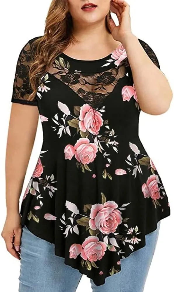 Chvity Womens Plus Size Tops O-Neck Asymmetric Short Sleeve Tunics Lace Blouse Shirts for Summer Casual S-5X