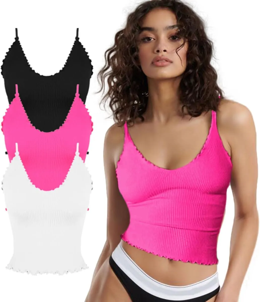 CHYRII Women 3 Pack Ruffled V Neck Cropped Tops Workout Basic Ribbed Camisole Tank Tops