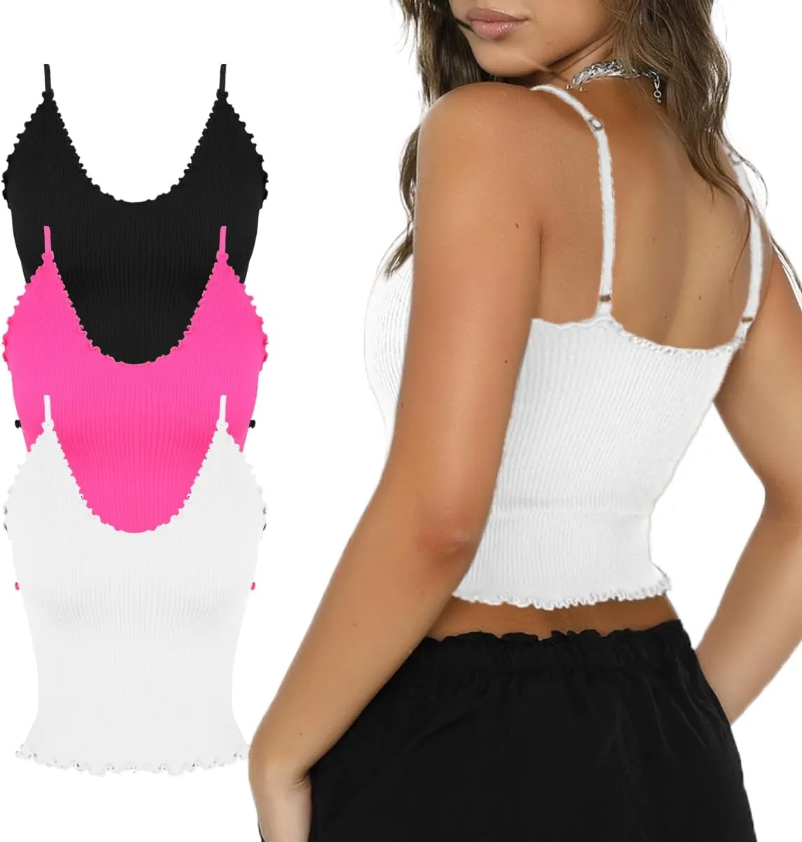 CHYRII Women 3 Pack Ruffled V Neck Cropped Tops Workout Basic Ribbed Camisole Tank Tops