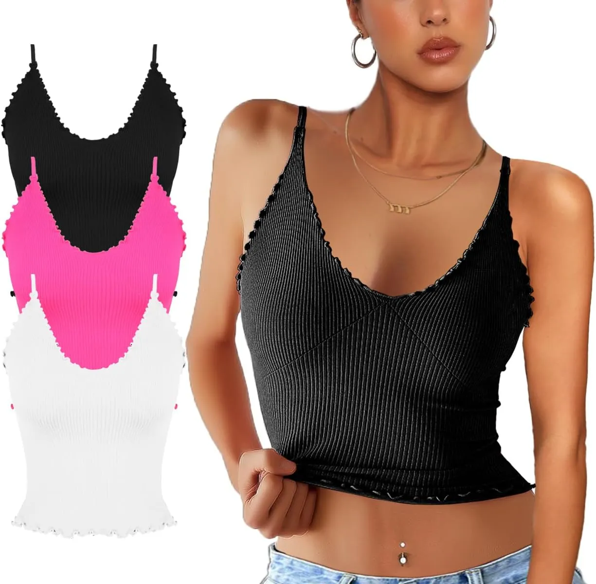CHYRII Women 3 Pack Ruffled V Neck Cropped Tops Workout Basic Ribbed Camisole Tank Tops