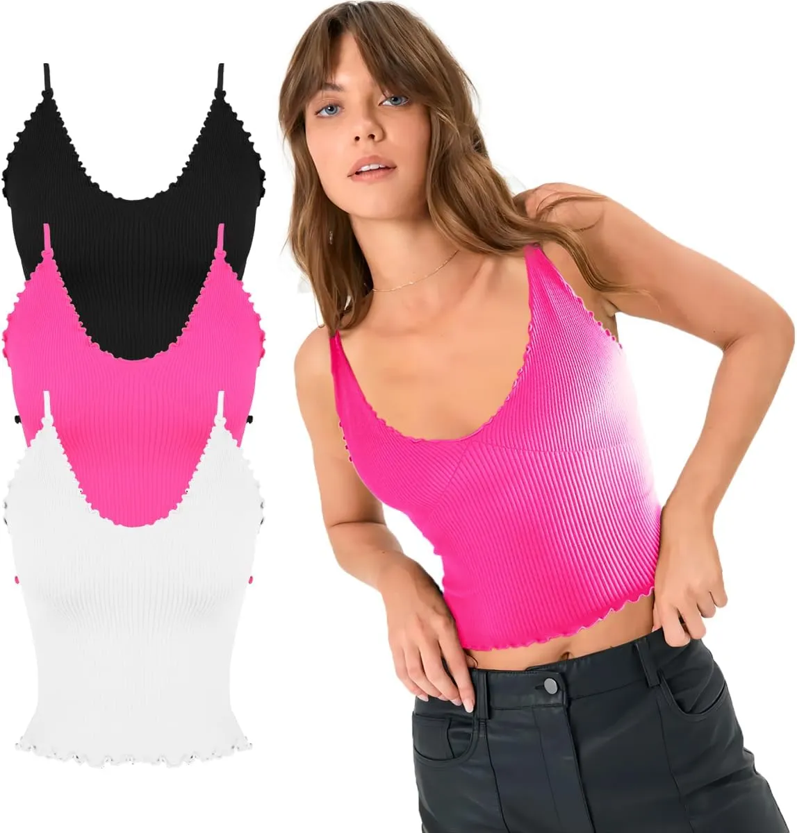 CHYRII Women 3 Pack Ruffled V Neck Cropped Tops Workout Basic Ribbed Camisole Tank Tops