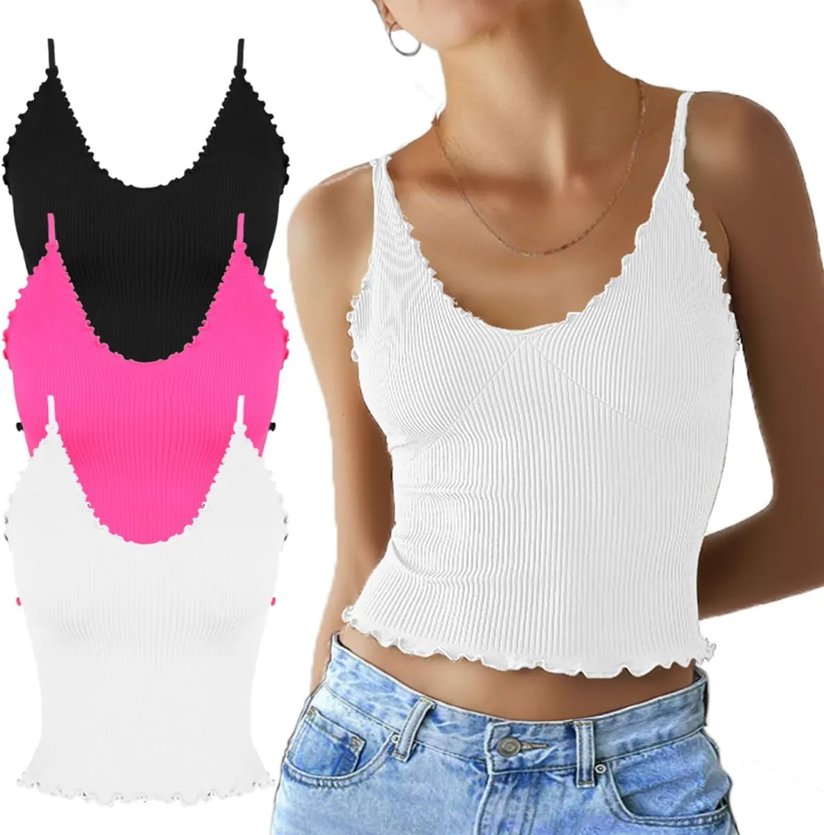 CHYRII Women 3 Pack Ruffled V Neck Cropped Tops Workout Basic Ribbed Camisole Tank Tops